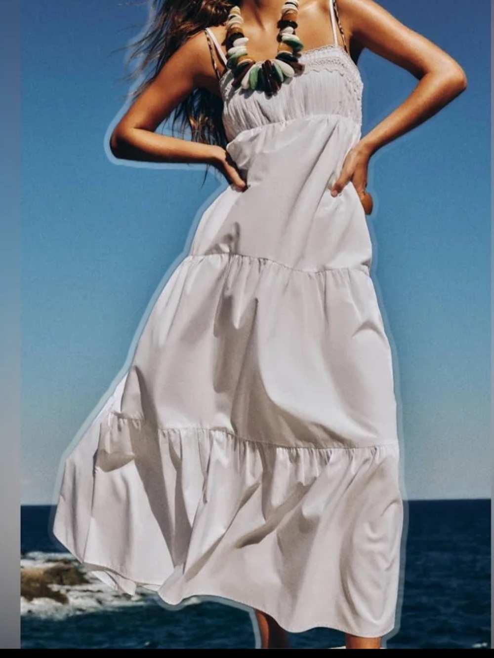 NWT Zara White Spaghetti Strap Midi Tiered Poplin Midi Dress With Lace Trim XS